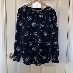 LOFT Navy blue blouse with pink spray flowers